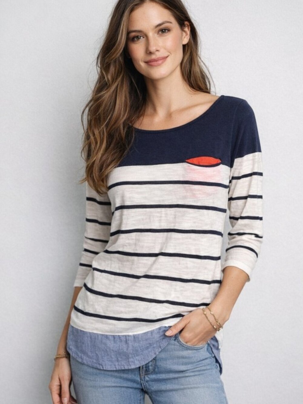 Anthro Postmark Striped Top M Navy White Boatneck 3/4 Sleeve Pocket Tee